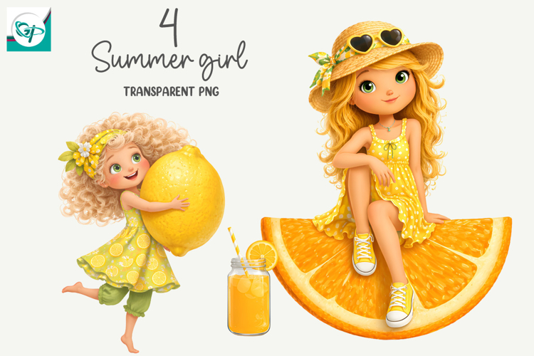 Whimsical Summer Fruit Girls Clipart, Summer Girls Clipart