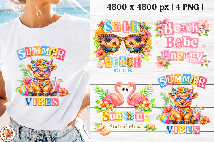 Summer Vibes Cow Sublimation Design | Preppy Summer Collage example image 1